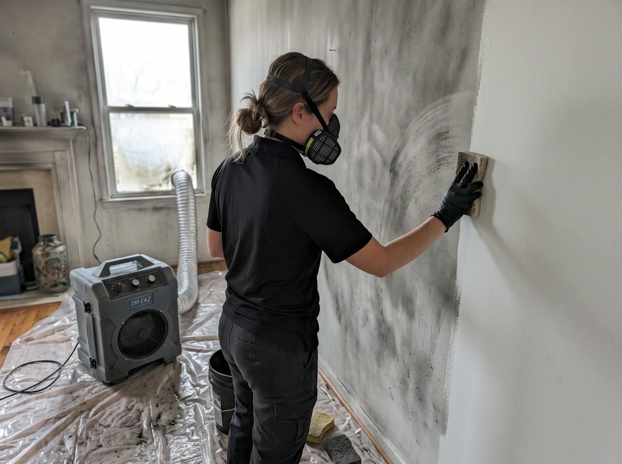 Removing soot from a wall with a dry sponge